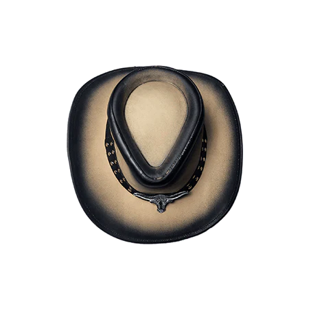 top view of equinecares long horn leather cowboy hat showing western crown shape and sand black gradient finish