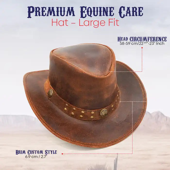 Brown leather hat with measurements on a light background
