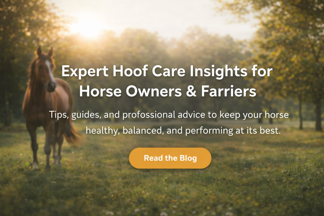 Professional Shopify blog banner featuring a horse standing in a sunlit pasture with the headline “Expert Hoof Care Insights for Horse Owners & Farriers” and a “Read the Blog” call-to-action button.
