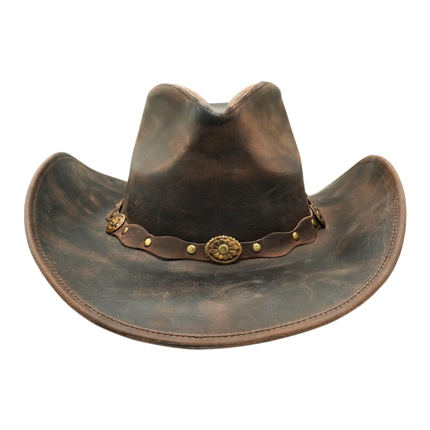 Antique brown leather cowboy hat with a braided concho band, shown in a front-facing view.
