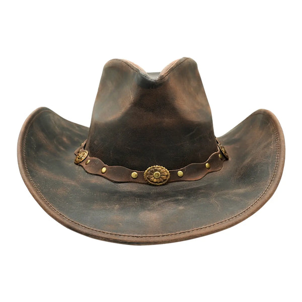 Antique brown leather cowboy hat with a braided concho band, shown in a front-facing view.