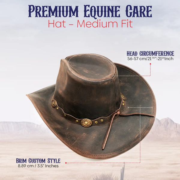 Antique brown leather cowboy hat in the medium size, shown with a head-circumference sizing guide for fit reference.