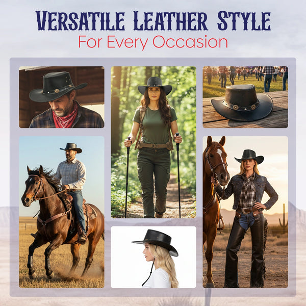 Black Leather Cowboy Hat with Concho Band & Chin Strap