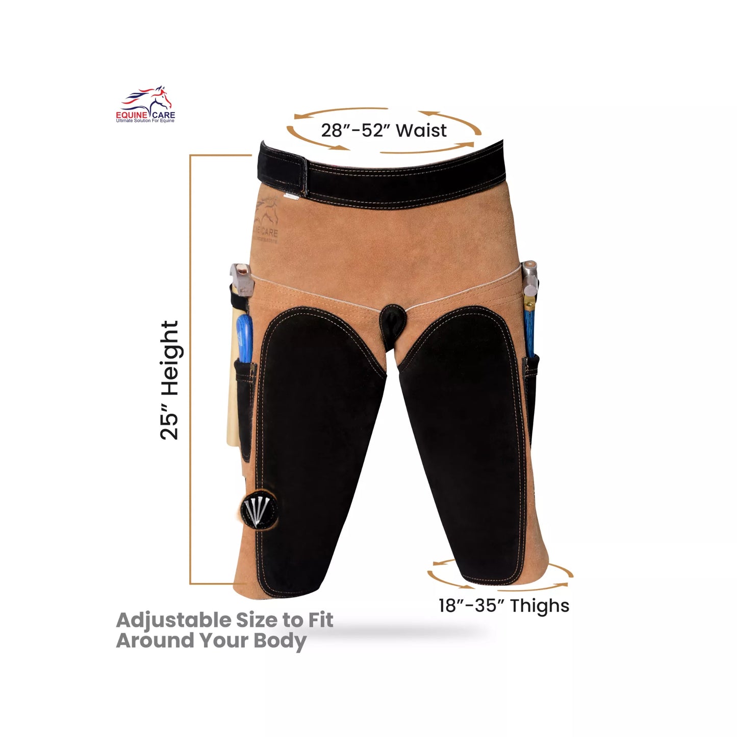 Front view of 25-inch Premium Elite Farrier Apron with size guide showing 28–52 inch adjustable waist, 18–35 inch thigh fit, and 25-inch height for a secure and customizable professional farrier fit