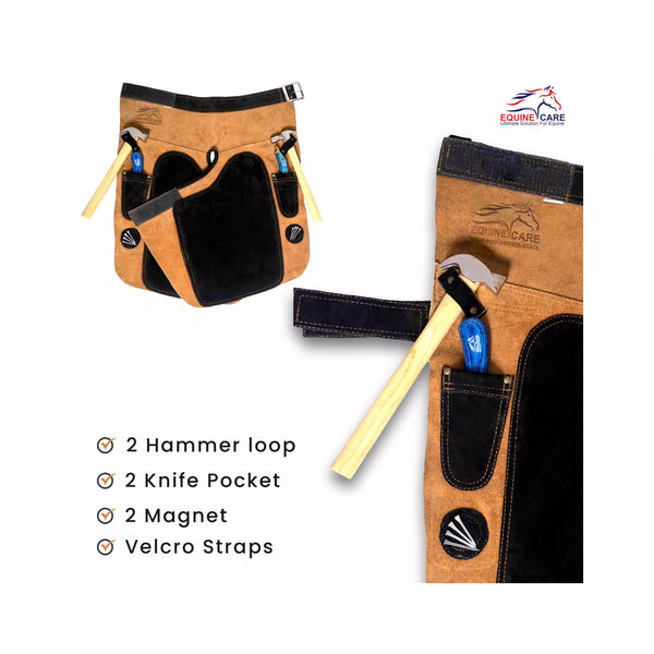 Feature layout of the 25-inch Premium Elite Farrier Apron showing two hammer loops, two knife pockets, two built-in magnets, and Velcro straps for organized and efficient professional farrier work