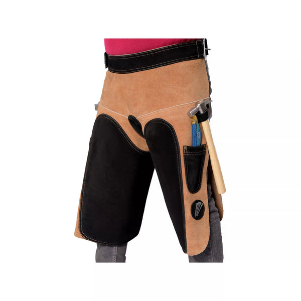 Professional Premium Elite Farrier Apron Angled front view of 25-inch Premium Elite Farrier Apron showing tan leather body, black reinforced thigh protection, hammer loop, and side tool pocket for professional horse shoeing and farrier work