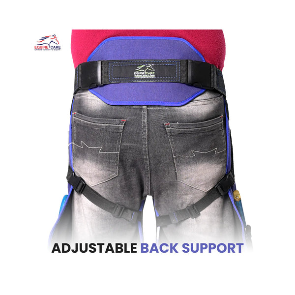 Black-and-Blue Azure Armor Farrier Apron with EVA Foam & Air Mesh Rear view of black and blue farrier chaps showing adjustable back support belt and secure leg straps, designed to improve comfort and stability during horse shoeing and hoof care work