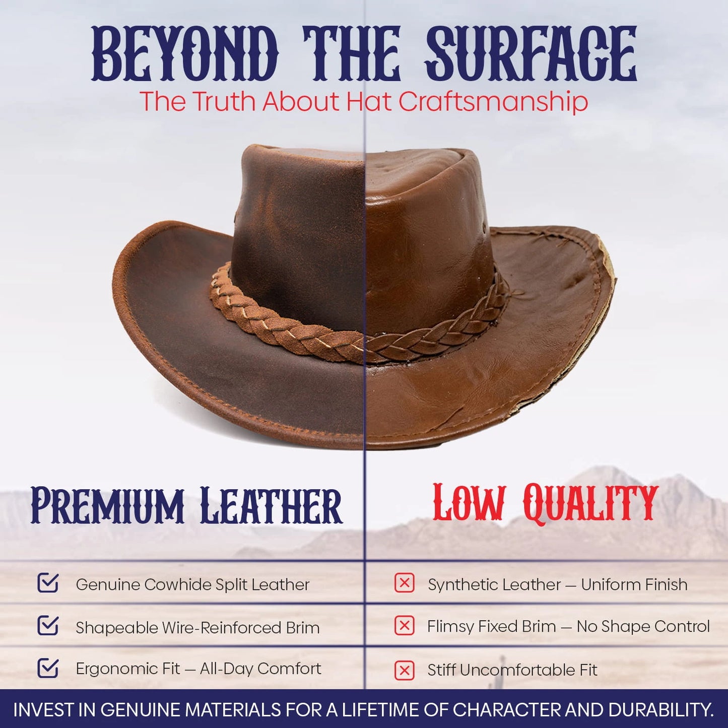 Echtleder-Cowboyhut für Damen und Herren – Western-Stil, Größen M und L