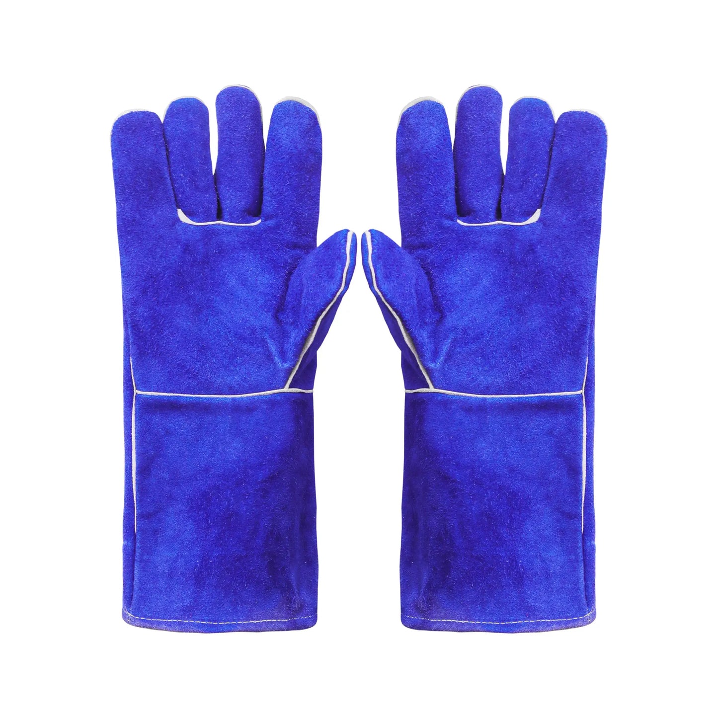 Palm side of blue cowhide leather gloves showing reinforced stitching and durable leather surface