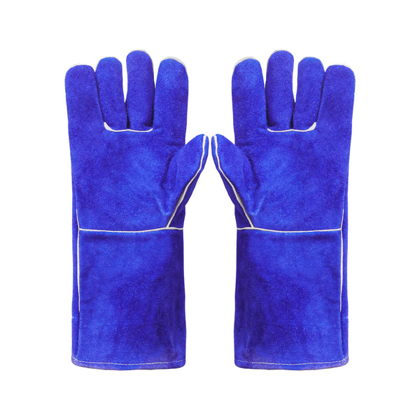 Palm side of blue cowhide leather gloves showing reinforced stitching and durable leather surface