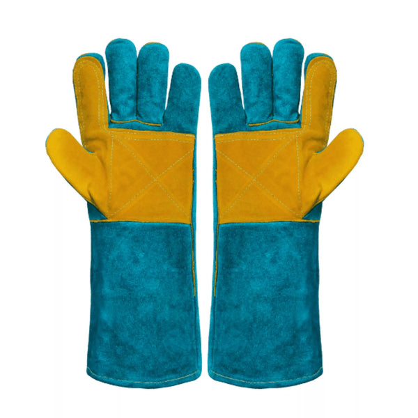 Pair of heat resistant split cowhide welding gloves with reinforced palms and long safety cuffs