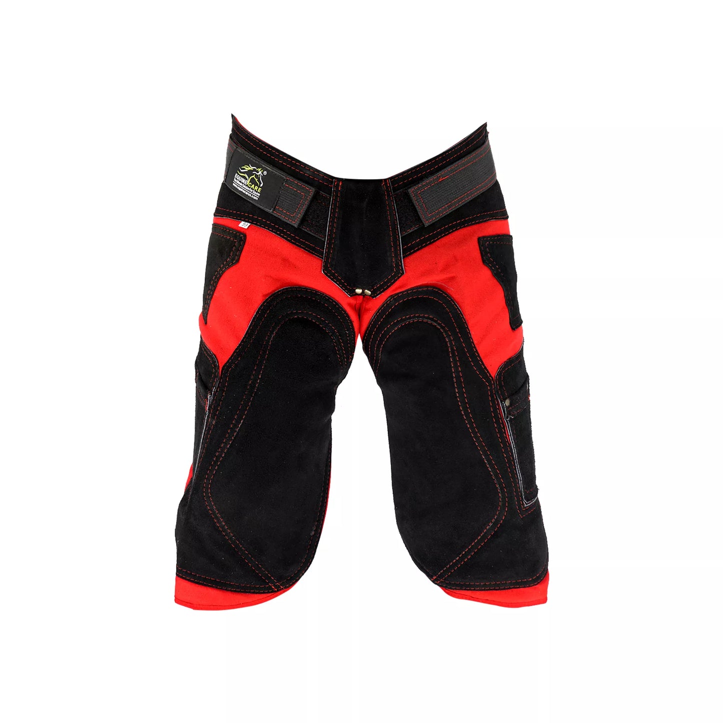 Front view of Crimson Shield Farrier Apron featuring red and black design, reinforced thigh padding, durable stitching, and ergonomic fit for professional horse shoeing and farrier work