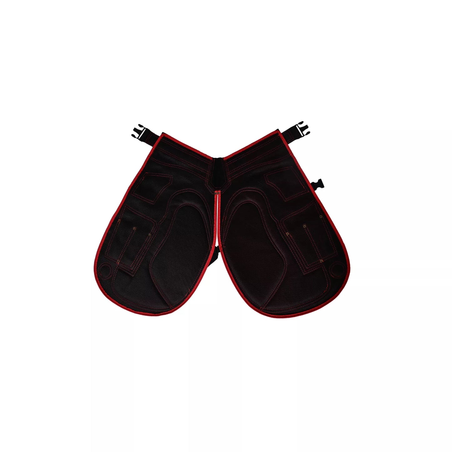Rear inner view of Crimson Shield Farrier Chaps in red and black, showing contoured inner thigh padding, reinforced stitching, and durable construction for professional farrier and horse shoeing work
