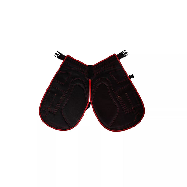 Rear inner view of Crimson Shield Farrier Chaps in red and black, showing contoured inner thigh padding, reinforced stitching, and durable construction for professional farrier and horse shoeing work