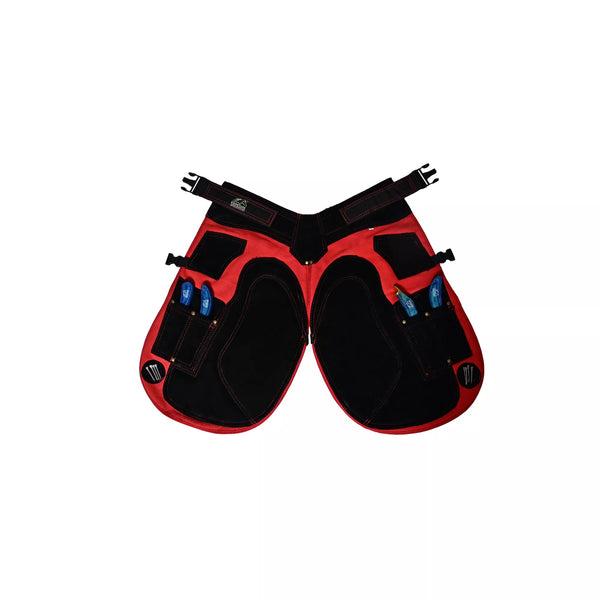 Equine Care 23-29 Inch Front view of Crimson Shield Farrier Chaps in red and black, featuring reinforced thigh protection, adjustable waist straps, and integrated tool pockets for professional horse shoeing and farrier work