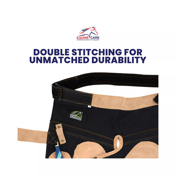 Close-up of Femme Farrier Apron 25-inch highlighting reinforced double stitching along the waist and panels, ensuring unmatched durability for professional farrier and horse shoeing work