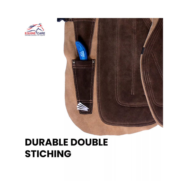 Close-up of brown suede leather farrier chap highlighting reinforced double stitching around the tool pocket and thigh panel for long-lasting durability in professional horse shoeing work