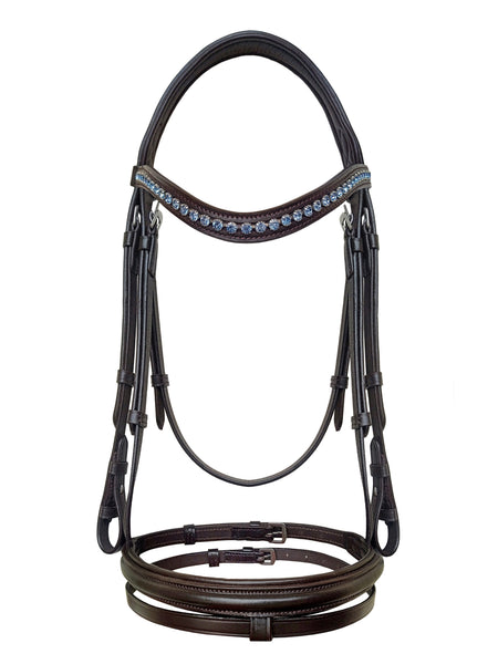 Full size English horse bridle showing light blue crystal browband and anatomical leather padding