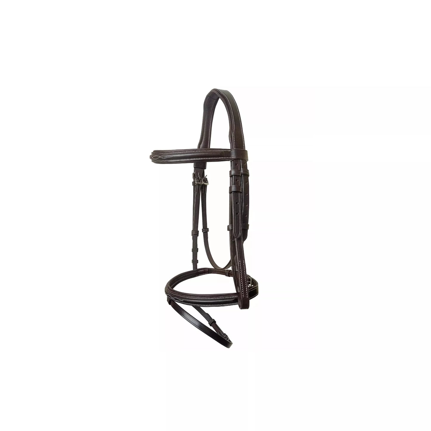 Side view of Equine Care English leather bridle showing adjustable cheekpieces and stainless steel hardware