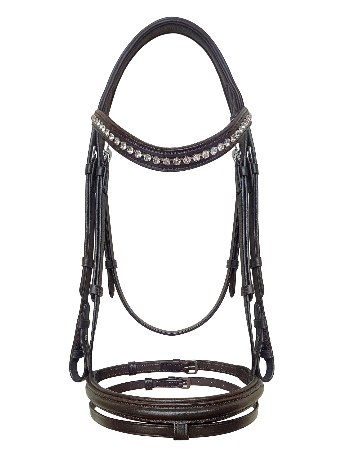 Equine Care full size leather bridle with clear crystal browband for dressage and competition