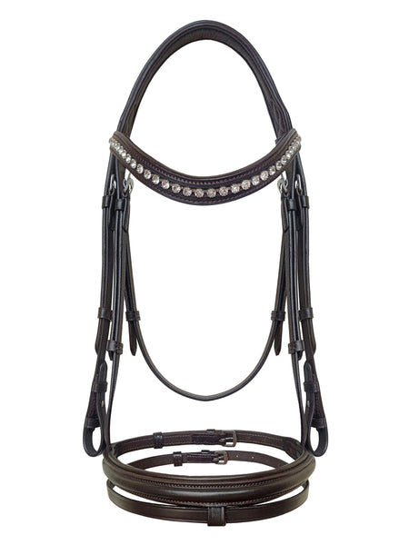 Equine Care full size leather bridle with clear crystal browband for dressage and competition