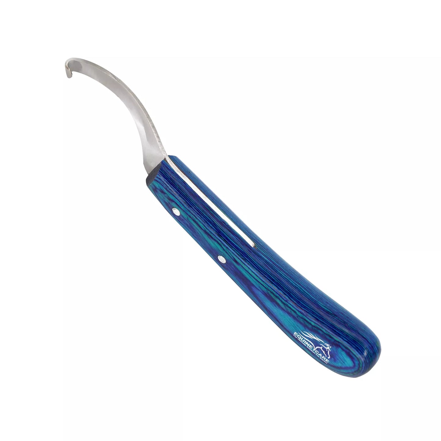 EquineCares blue curved blade hoof knife with stainless steel blade and ergonomic blue handle for right and left hand use