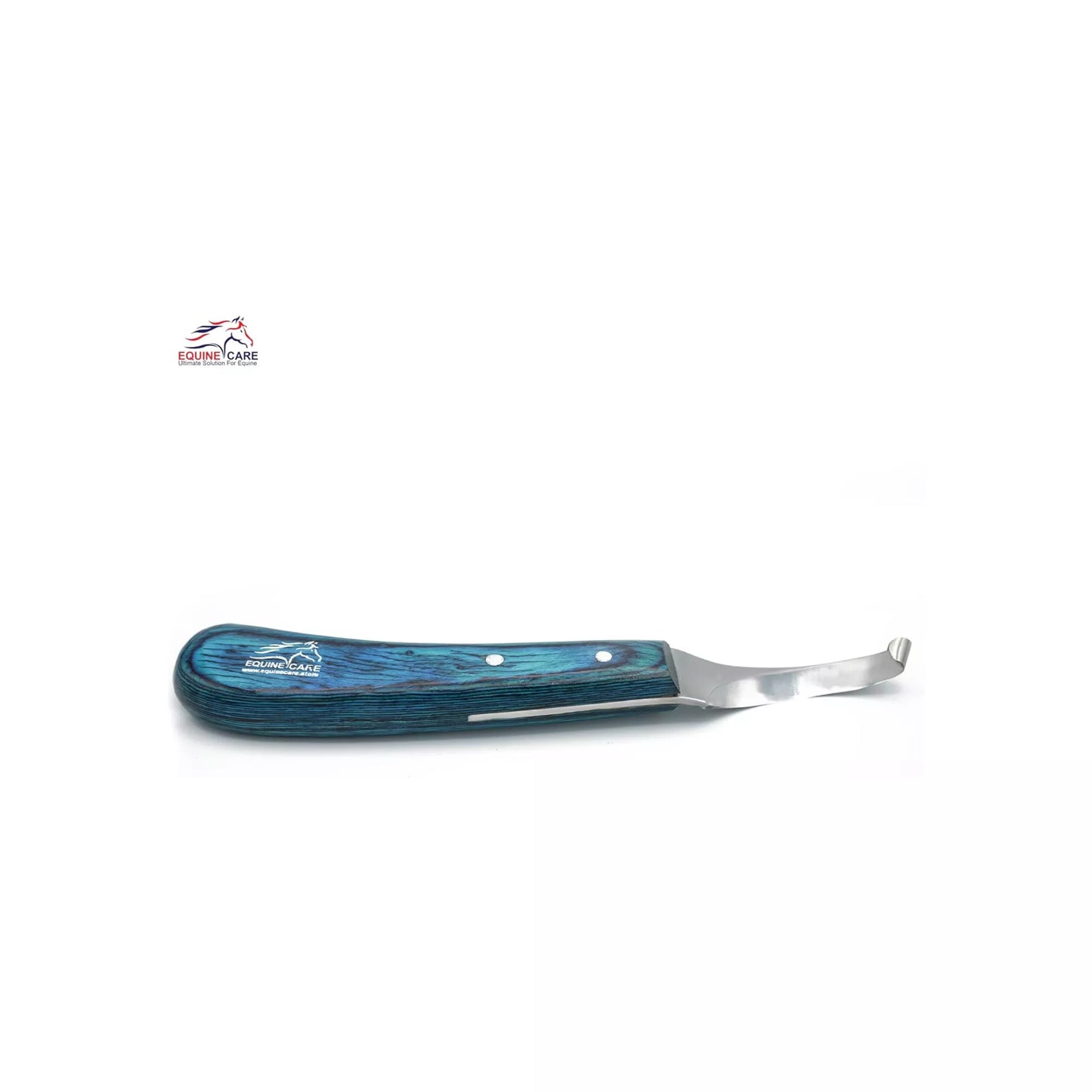 Side profile of EquineCares blue curved blade hoof knife with smooth blue handle and precision curved blade