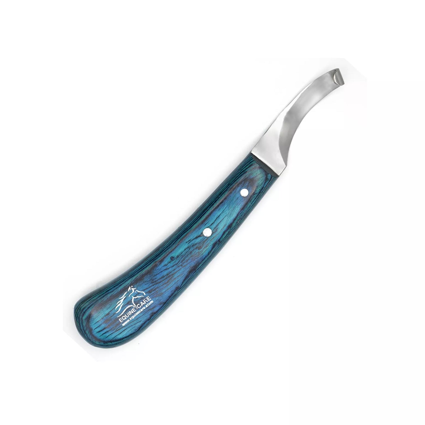 Top view of EquineCares blue curved blade hoof knife showing ergonomic handle and curved stainless steel blade