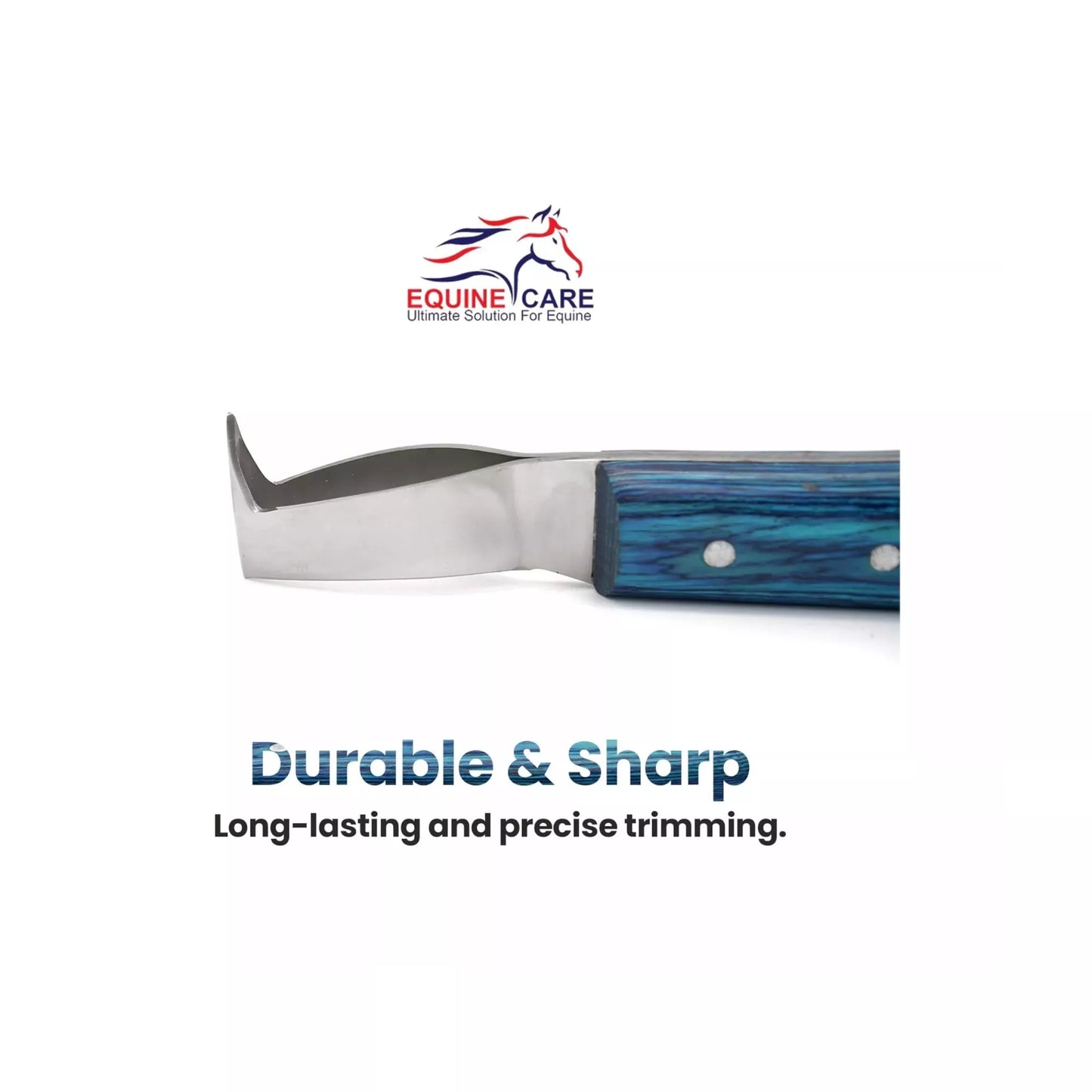 Close up of EquineCares blue loop hoof pick knife blade showing durable and sharp stainless steel cutting edge
