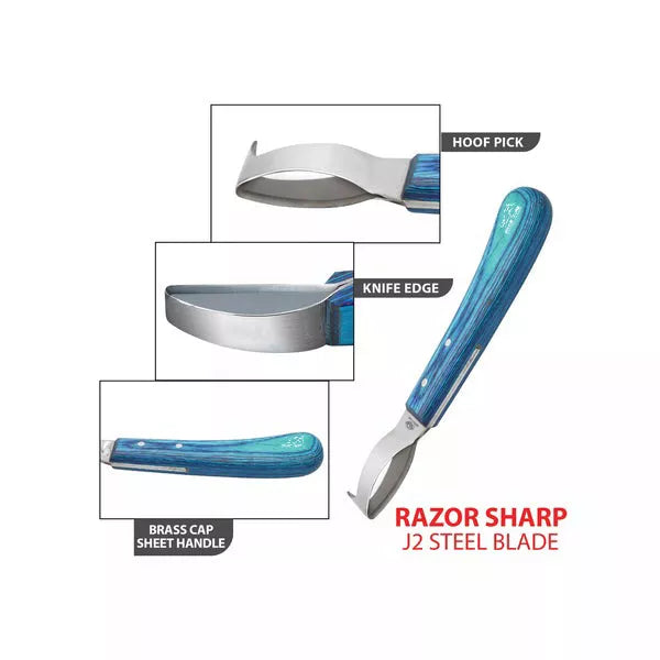 Feature highlight image of EquineCares blue loop hoof pick knife showing hoof pick knife edge and blue sheet handle with J2 steel blade