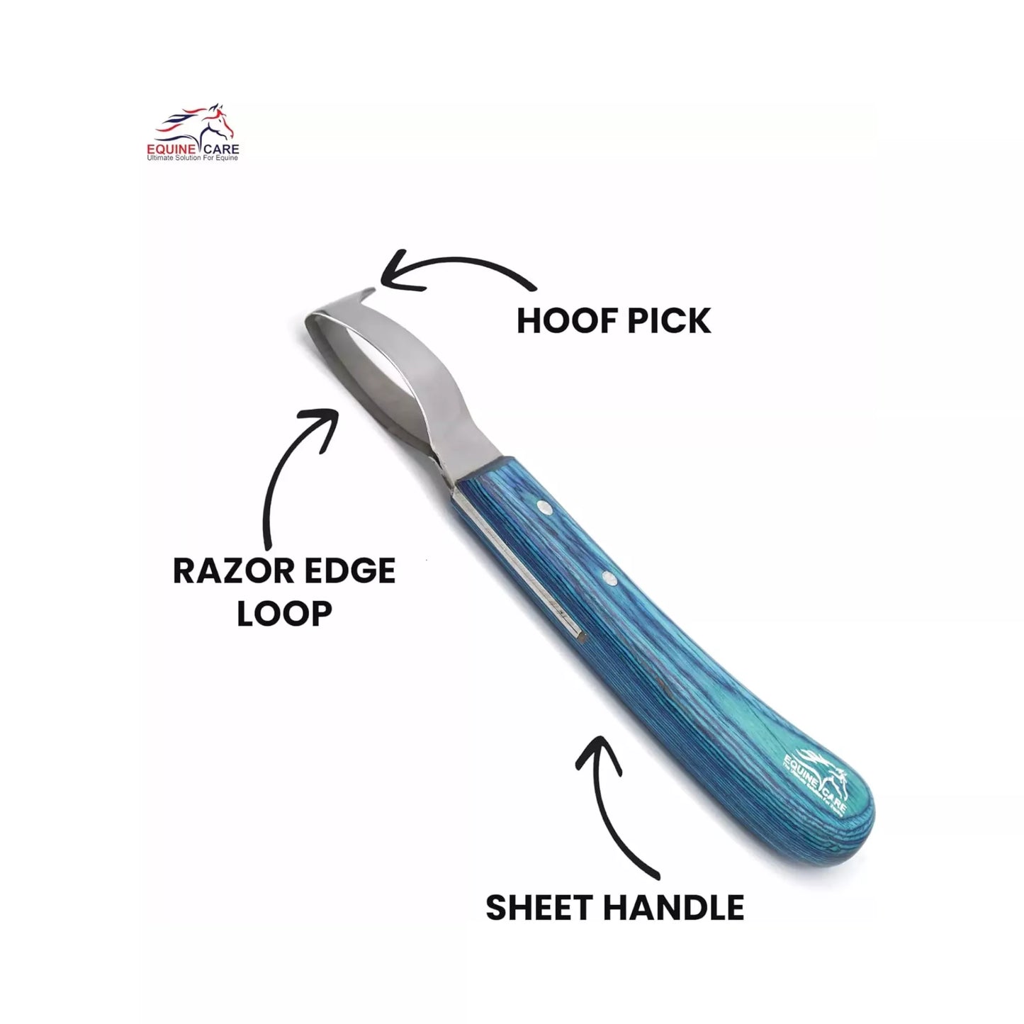 Labeled image of EquineCares blue loop hoof pick knife showing hoof pick razor edge loop and ergonomic blue handle