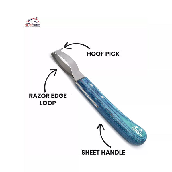 Labeled image of EquineCares blue loop hoof pick knife showing hoof pick razor edge loop and ergonomic blue handle