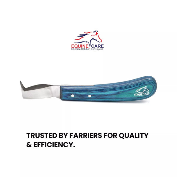 Side view of EquineCares blue loop hoof pick knife with stainless steel blade and blue sheet handle