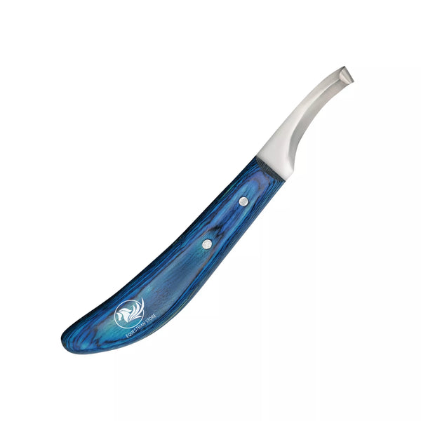 Back view of EquineCares double edge hoof knife showing blue ergonomic handle and curved stainless steel blade
