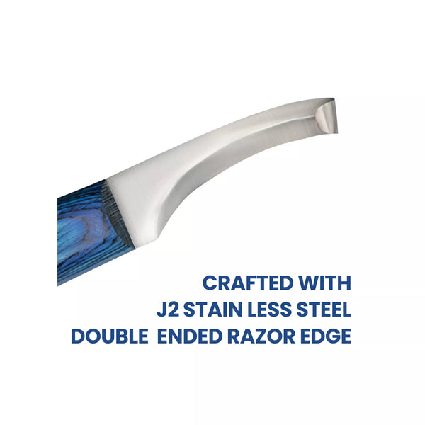 Close up of EquineCares double edge hoof knife blade showing razor sharp J2 stainless steel cutting edges