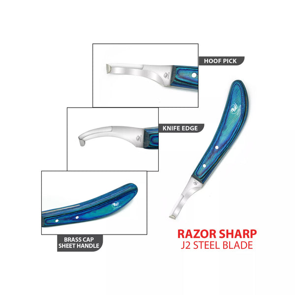 Feature highlight image of EquineCares double edge hoof knife showing dual razor sharp J2 steel edges and ergonomic handle