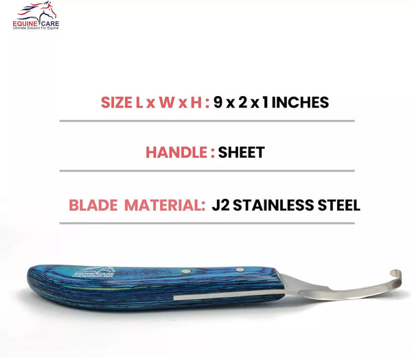 Specification image of EquineCares double edge hoof knife showing 9 x 2 x 1 inch size sheet handle and J2 stainless steel blade