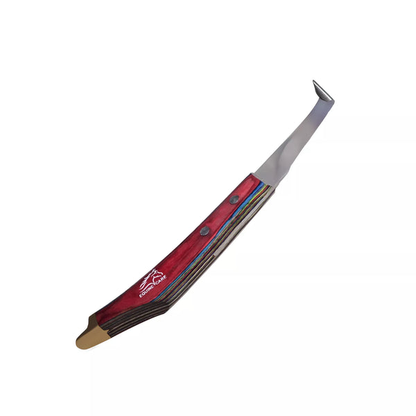 Back view of EquineCares hoof pick farrier knife tool showing red ergonomic handle and curved steel blade