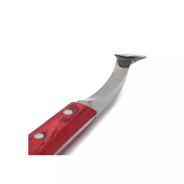Close up of EquineCares hoof pick farrier knife tool showing sharp J2 stainless steel blade and hoof pick tip