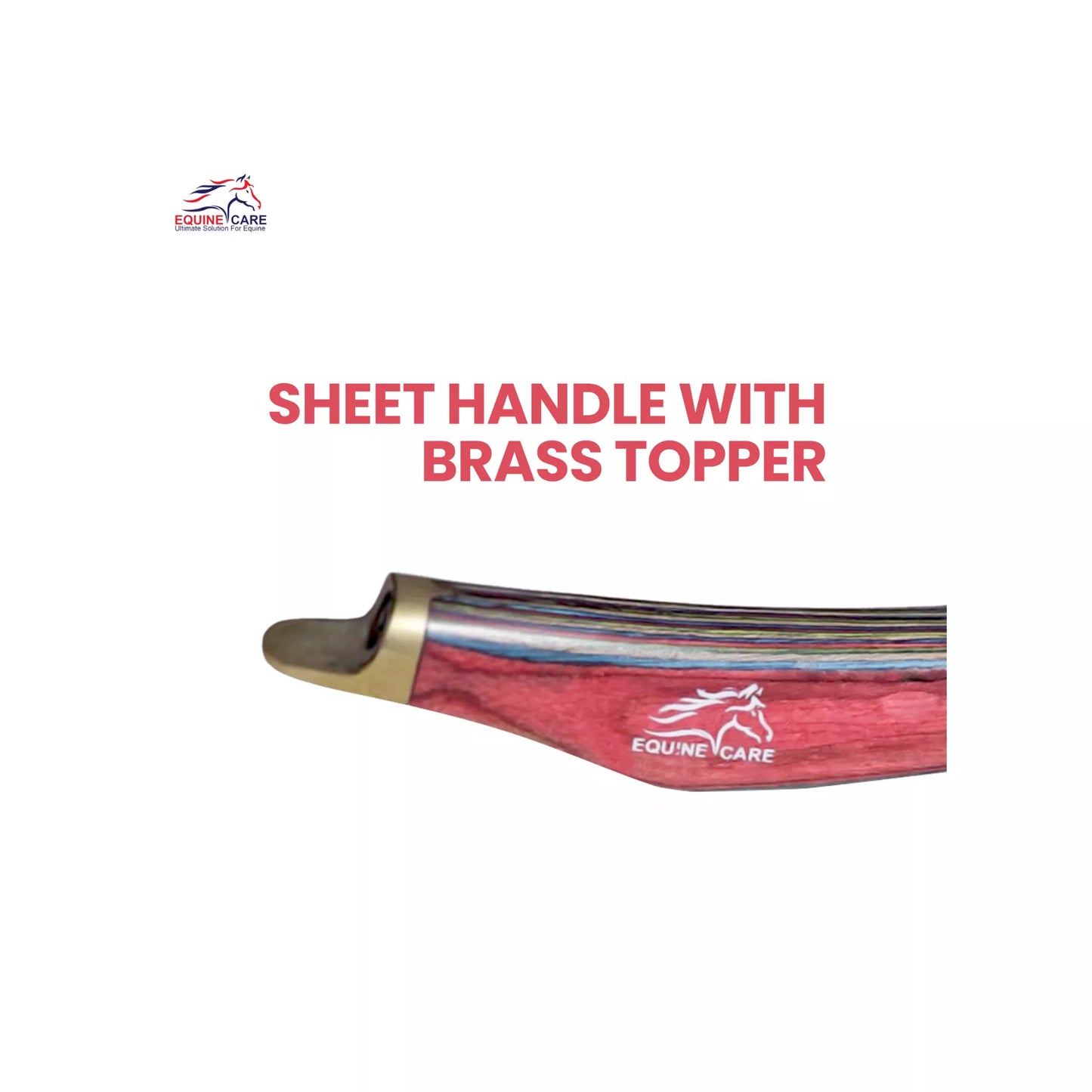 EquineCares hoof pick farrier knife tool showing red sheet handle with durable brass topper end