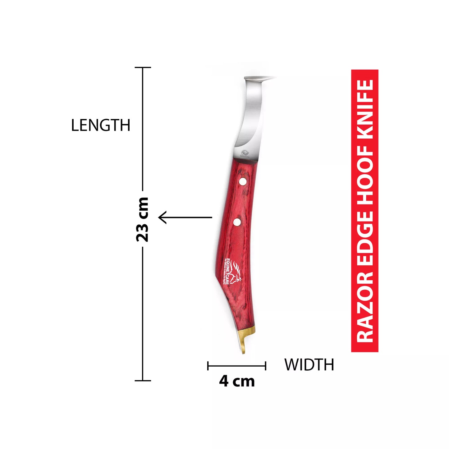 EquineCares hoof pick farrier knife tool size diagram showing 23 centimeter length and 4 centimeter width