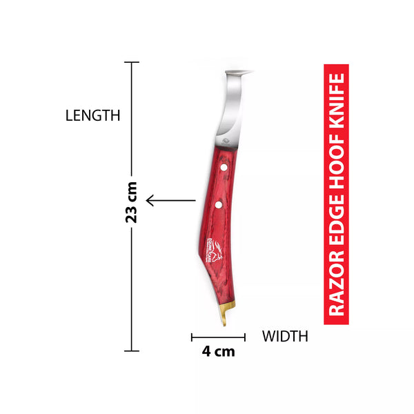 EquineCares hoof pick farrier knife tool size diagram showing 23 centimeter length and 4 centimeter width