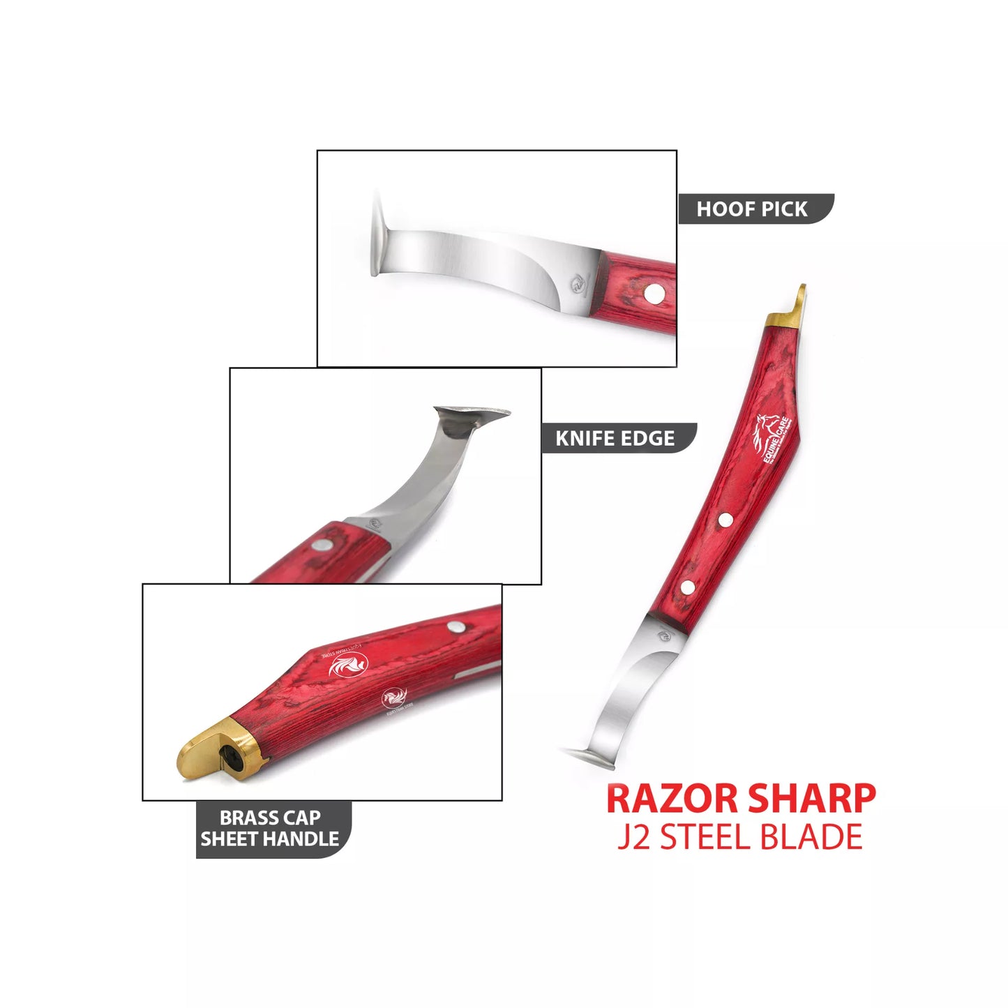 Feature highlight image of EquineCares hoof pick farrier knife tool showing hoof pick knife edge and sheet handle with brass cap