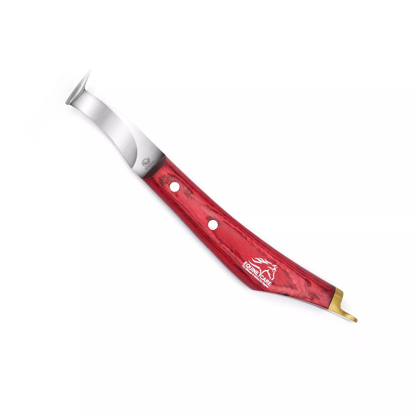EquineCares hoof pick farrier knife tool with J2 stainless steel blade and red sheet handle with brass topper