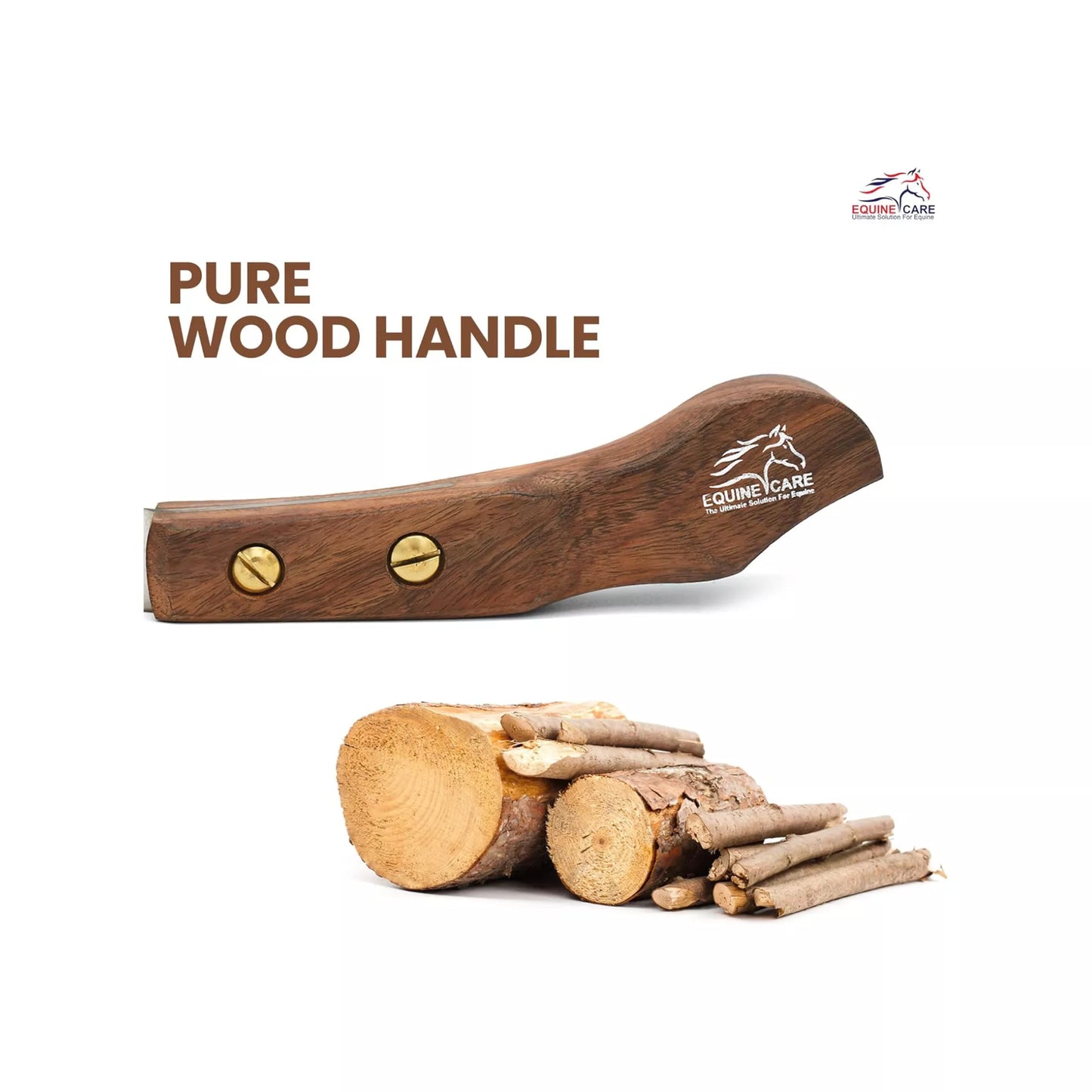 Close up of EquineCares hoof knife handle made from natural Sheesham wood with brass rivets