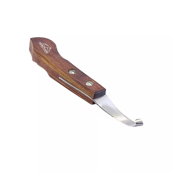 Back view of EquineCares wooden farrier hoof knife showing Sheesham wood handle and curved stainless steel blade