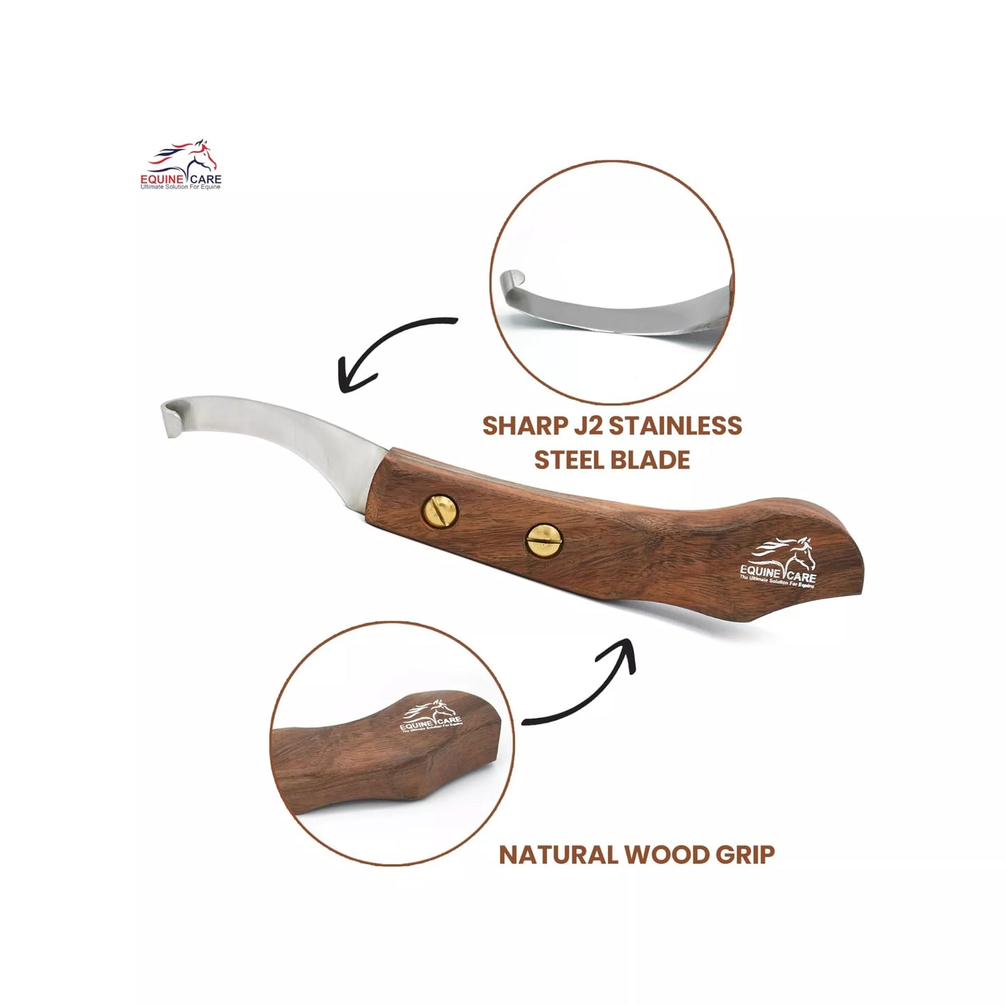 Feature highlight image of EquineCares wooden farrier hoof knife showing sharp J2 stainless steel blade and natural wood grip