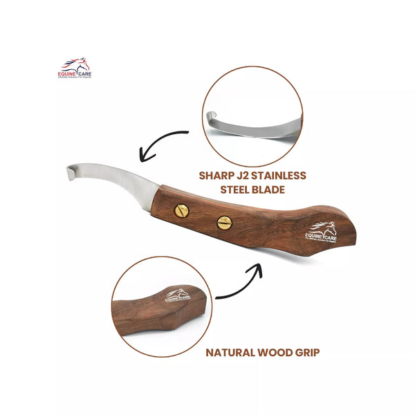 Feature highlight image of EquineCares wooden farrier hoof knife showing sharp J2 stainless steel blade and natural wood grip