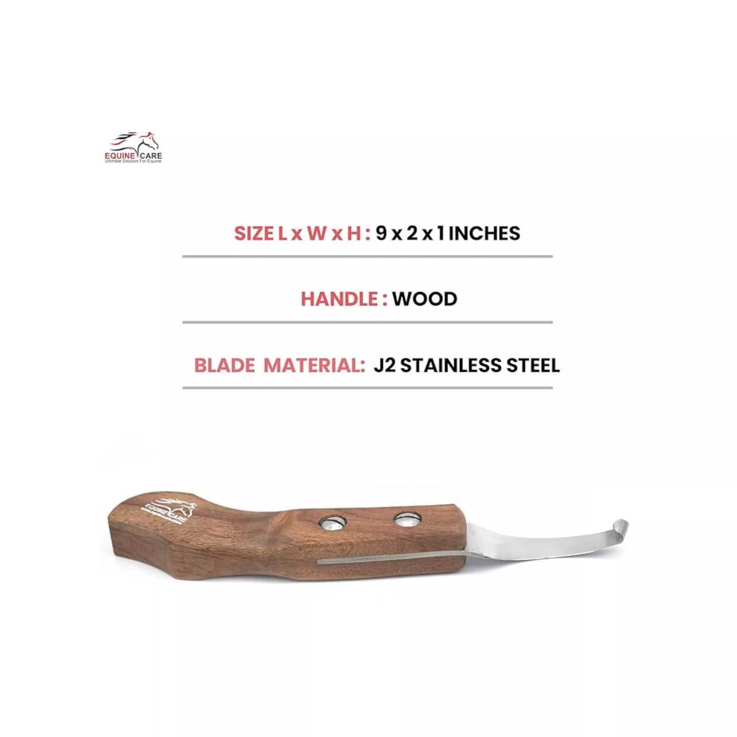 Specification image of EquineCares wooden farrier hoof knife showing size 9 x 2 x 1 inches wood handle and J2 stainless steel blade