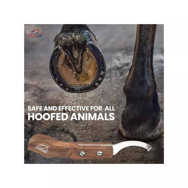 EquineCares wooden farrier hoof knife being used for precise hoof trimming on a horse
